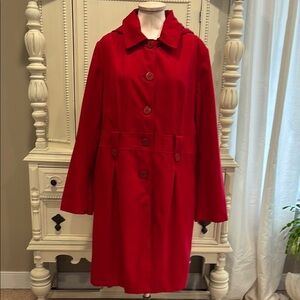 Red Trench Coat with Tailored Silhouette and removable hood Size 16